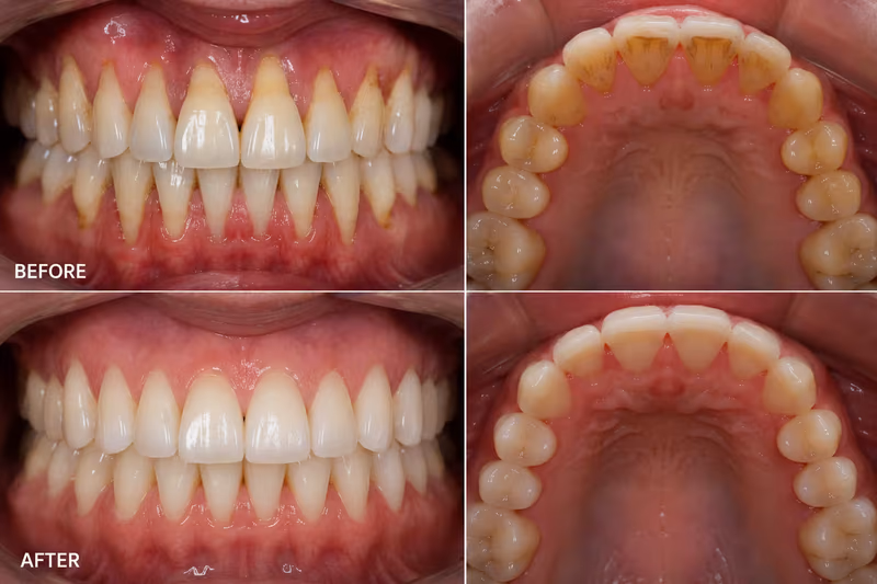 Before and after views of gum graft surgery showing full root coverage for receding gums and complete healing of the upper palate.