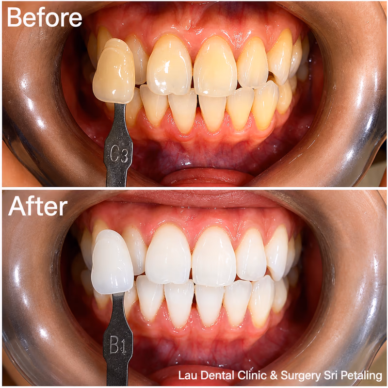 Teeth whitening treatment improving tooth shade from C3 to B1, creating a noticeably brighter smile.