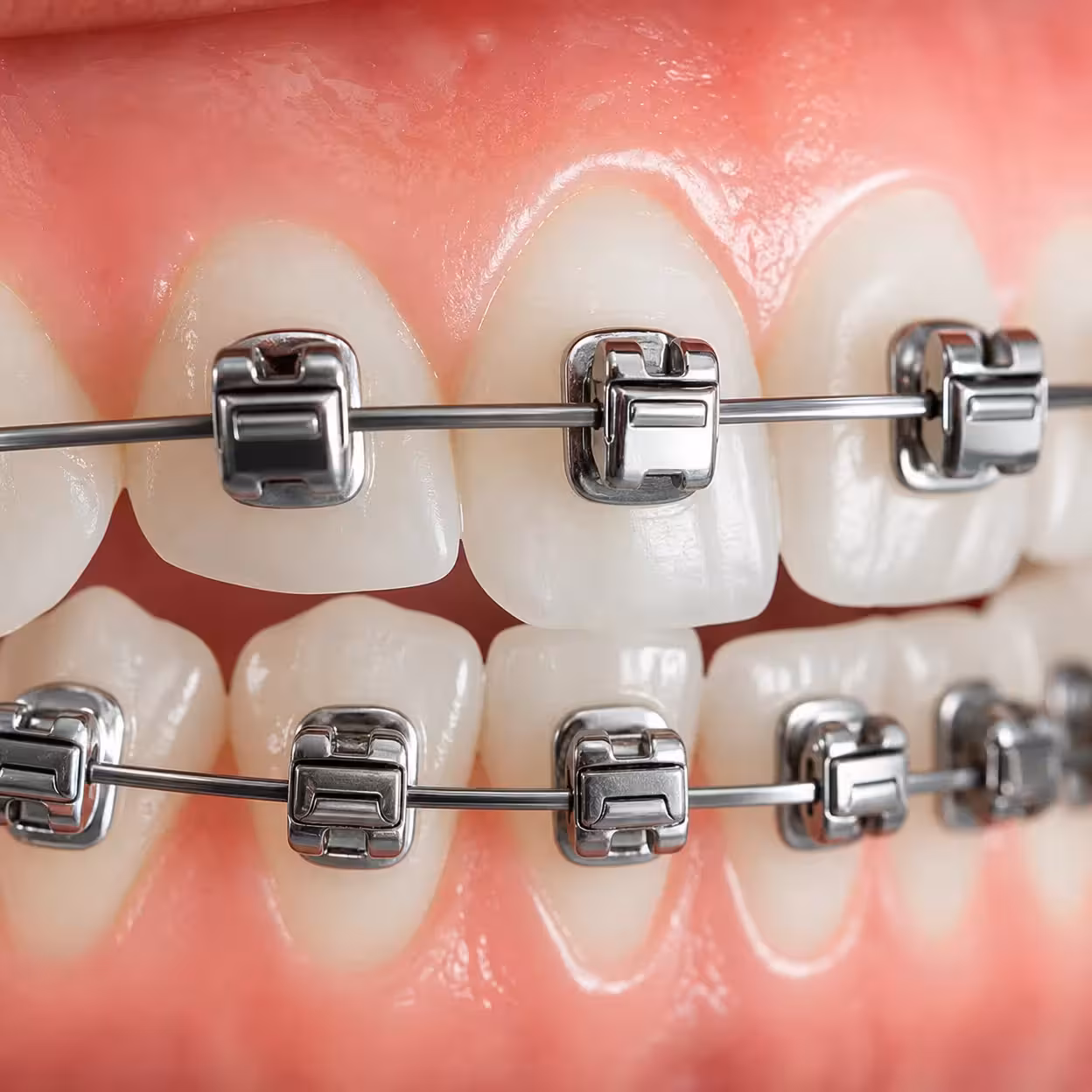 Close up of advanced self-ligating damon braces brackets on teeth showing the metal clips