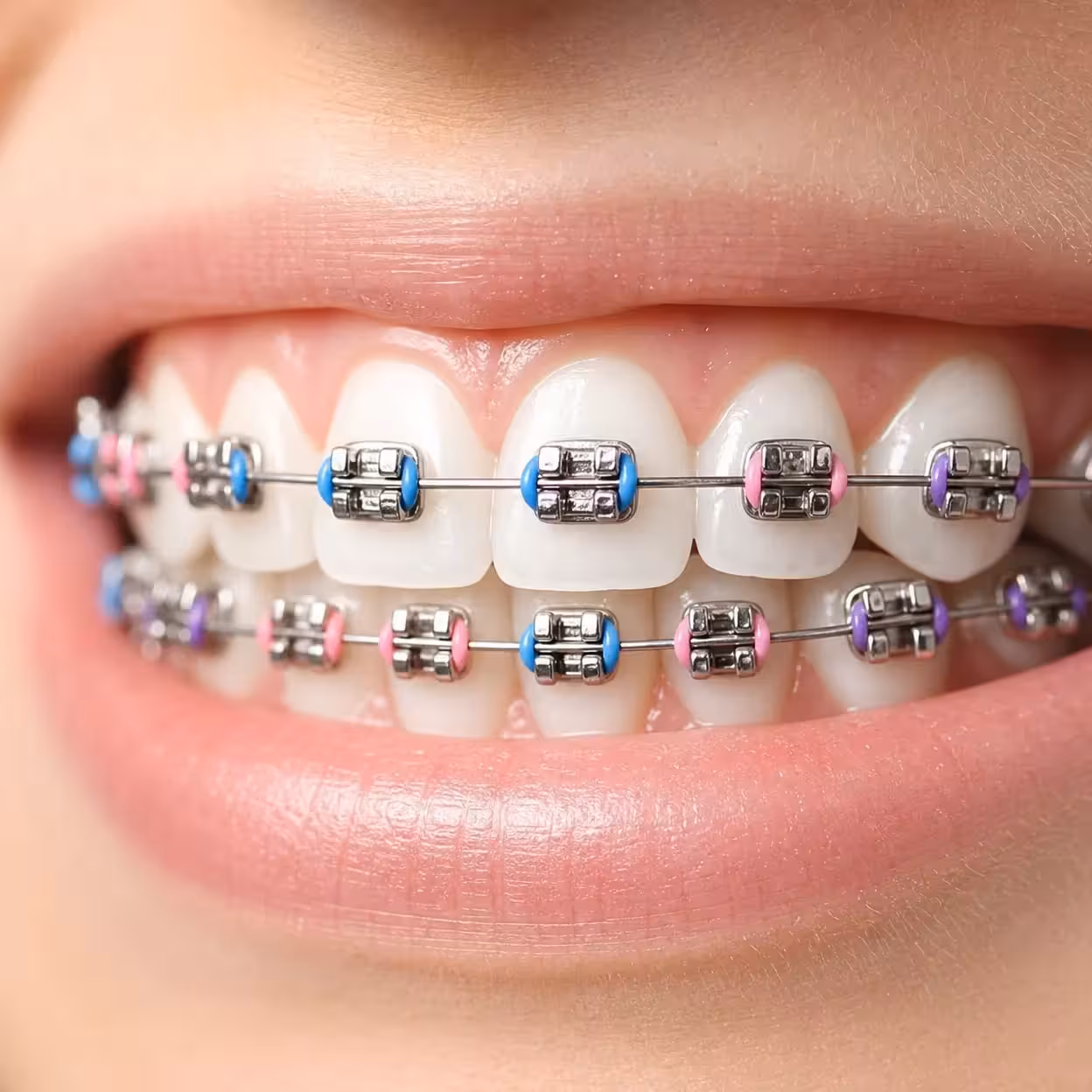 Close up of traditional conventional metal braces with colorful rubber bands on teeth