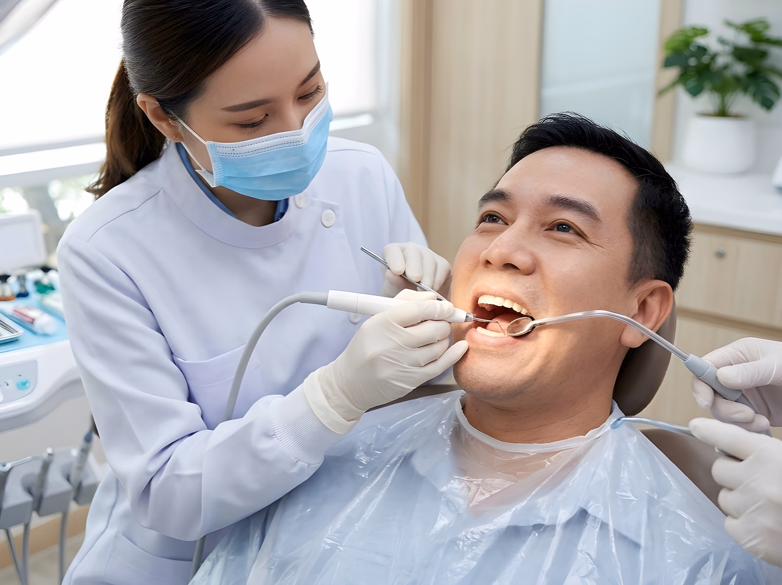 Dentist performing a painless plaque removal and dental checkup on a patient at Lau Dental Clinic Sri Petaling.