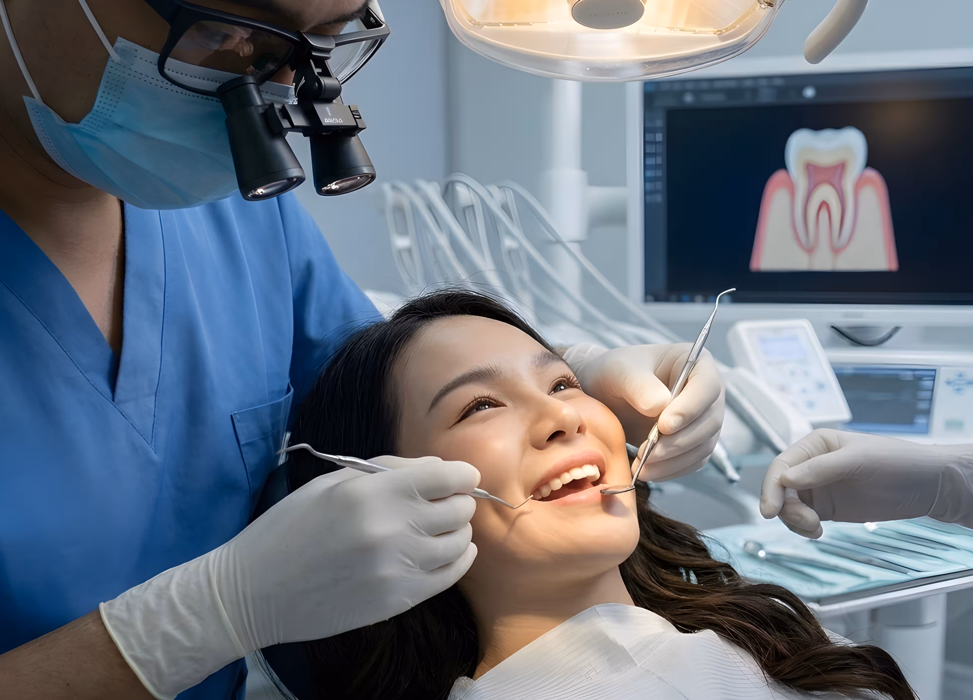 Dentist examining a smiling patient's gums for gummy smile Botox treatment pricing at Lau Dental Clinic Sri Petaling.