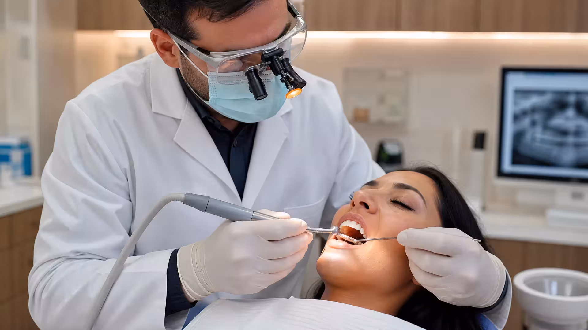 A certified dentist at Lau Dental Clinic using high-precision clinical tools to safely remove thick, bulky fake salon veneers from a patient's teeth.