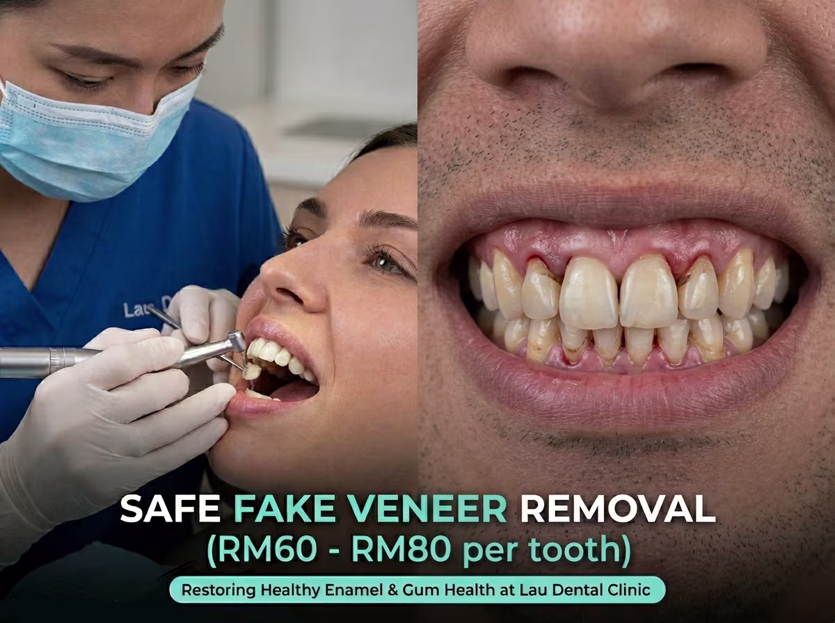 A certified dentist at Lau Dental Clinic using high-precision clinical tools to safely remove thick, bulky fake salon veneers from a patient's teeth.
